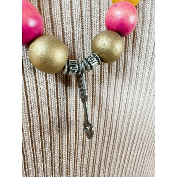Colorful Wooden Bead Necklace With Brass Accents & Arrow Pendant On Leather Cord - Picture 2 of 16